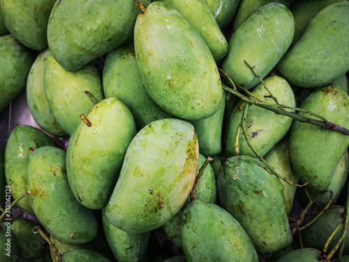 Fresh green mangoes fruits texture background.