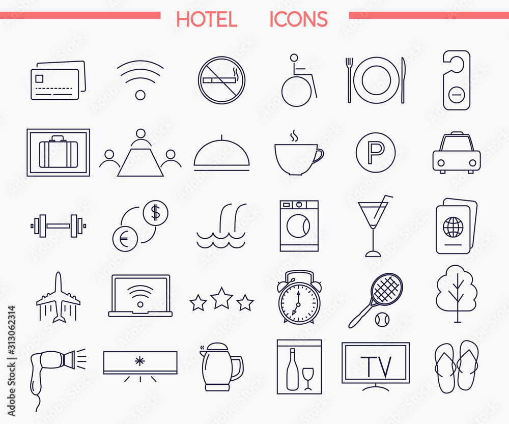 Set of modern thin line icons for illustrating hotel services and amenities Set of modern thin line icons for illustrating hotel services and amenities