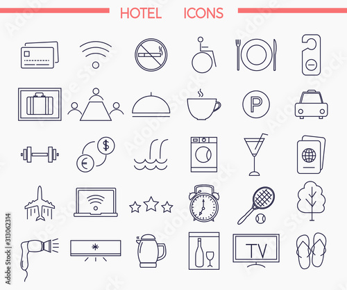 Set of modern thin line icons for illustrating hotel services and amenities