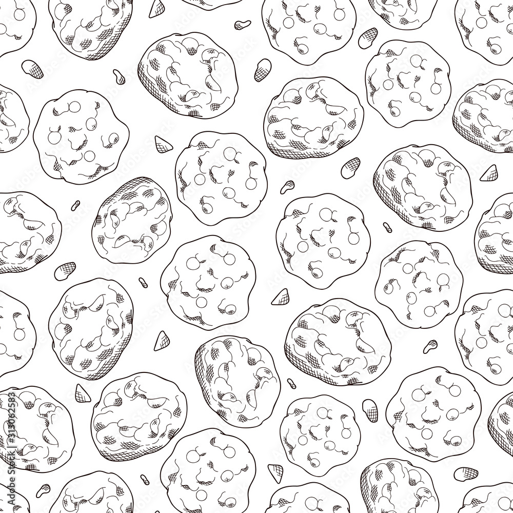 Cookie seamless pattern in hand drawn style. Bakery product for your background. Food vector illustration