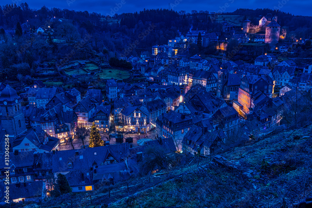 View of the old town of Monschau after dusk