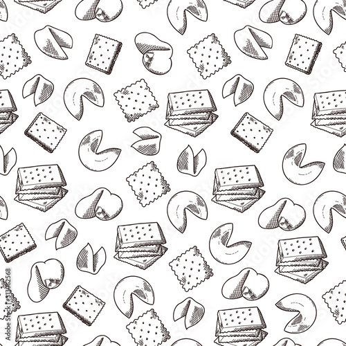 Cookie seamless pattern in hand drawn style. Bakery product for your background. Food vector illustration