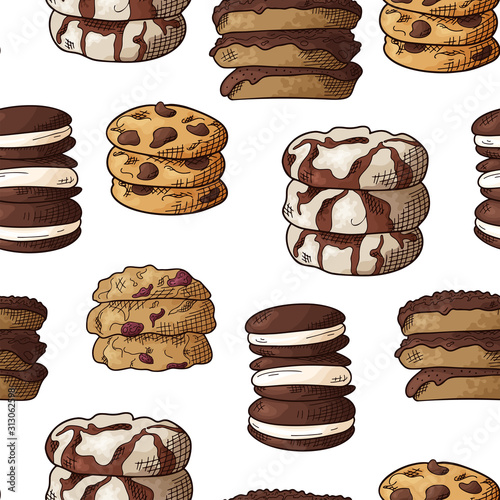 Natural food seamless pattern. Sketch style cookies on white background. Different sweet and baked elements. Vector illustraation