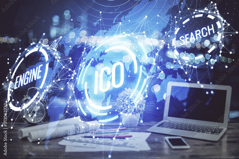 Double exposure of blockchain theme hologram and table with computer background. Concept of bitcoin crypto currency. Double exposure of blockchain theme hologram and table with computer background. Concept of bitcoin crypto currency.