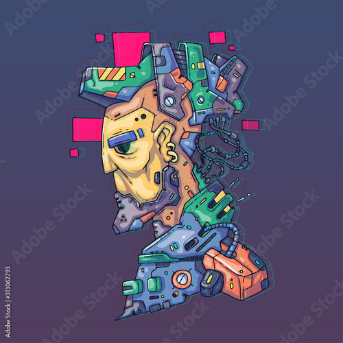 Character Face in futuristic virtual style. Cyber Punk Vector Illustration. Cartoon art for web and print. Trendy Cyber Art Poster.