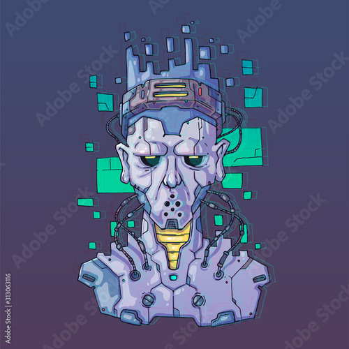 Character Face in futuristic virtual style. Cyber Punk Vector Illustration. Cartoon art for web and print. Trendy Cyber Art Poster.
