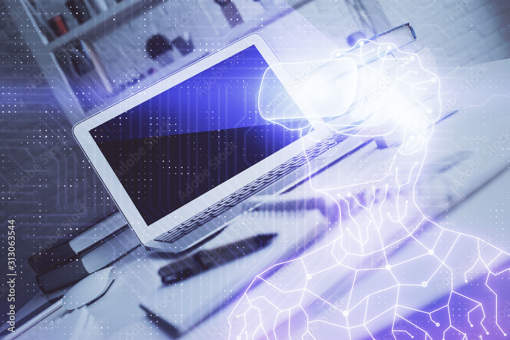 Fototapeta premium Computer on desktop with AR theme icon. Multi exposure. Concept of augmented reality.