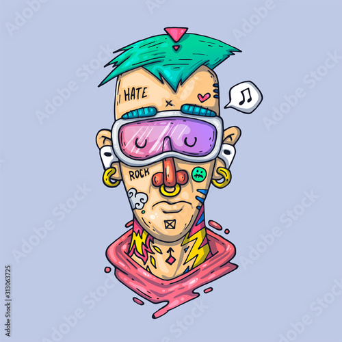 The face of a rapper with tattoos. Creative Vector Illustration. Cartoon art for web and print.