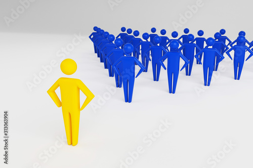 Concept leader of the business team indicates the direction of the movement towards the goal. Crowd of blue men goes for the leader of the gold color. 3D rendering
