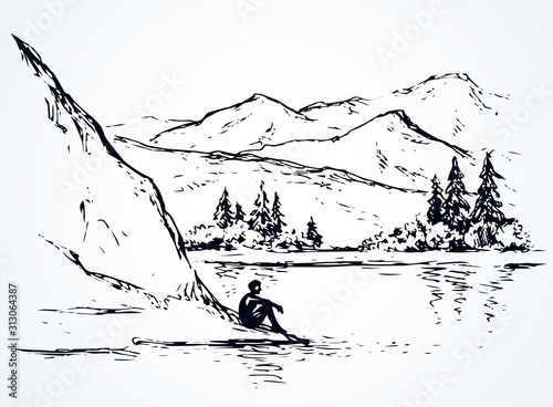 Firs on hill above river. Vector drawing