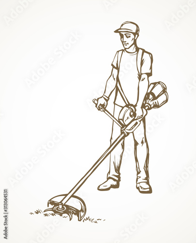 The man mows the grass. Vector drawing