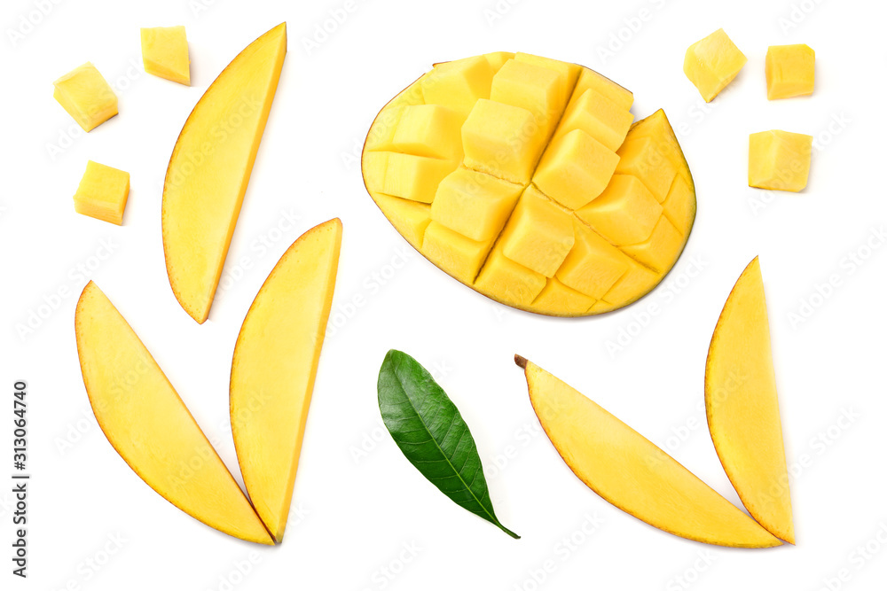 mango with slices and green leaves isolated on white background. healthy food. top view mango with slices and green leaves isolated on white background. healthy food. top view