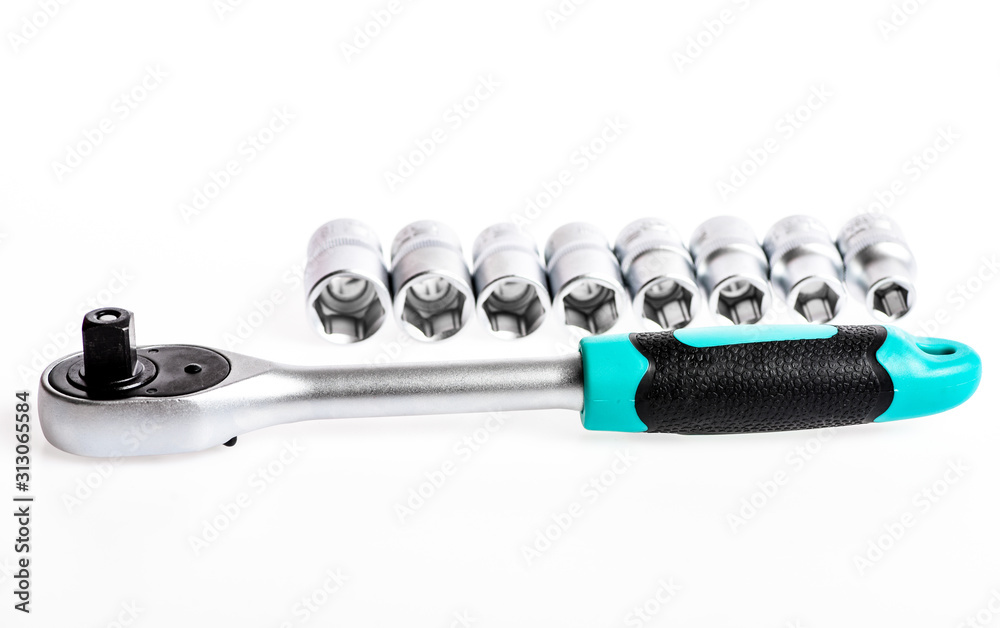Home improvement tools concept. Tools for repair and construction. Main advantage of heads used to unwind or tighten nuts and bolts hard to reach places. Shop for ratchets and sockets in hand tools Home improvement tools concept. Tools for repair and construction. Main advantage of heads used to unwind or tighten nuts and bolts hard to reach places. Shop for ratchets and sockets in hand tools