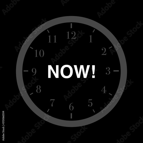 Now / At the moment - clocl dial is showing word NOW instead of time, hour, minute or second. Concept of present and current time. Vector illustration. 