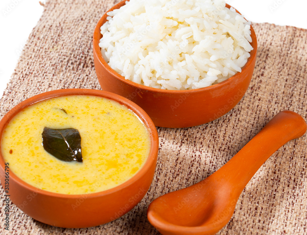 Indian Traditional Cuisine Kadhi Chawal Also Know as Curry Chawal, Yogurt  Curry with Rice on White Background Stock Photo | Adobe Stock