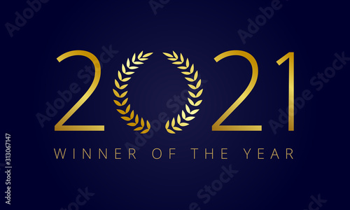2021 A Happy New Year, merry xmas greetings with palms framed. Luxurious premium isolated golden round awards sign 2021, 20, 10 th anniversary retro numbers. Branches template on dark background.