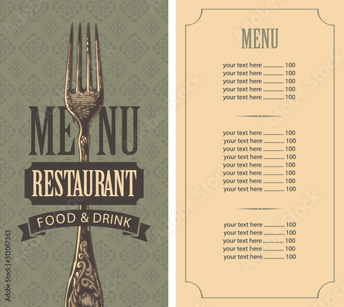 Vector menu for restaurant with price list, realistic fork and seamless background pattern in vintage style.