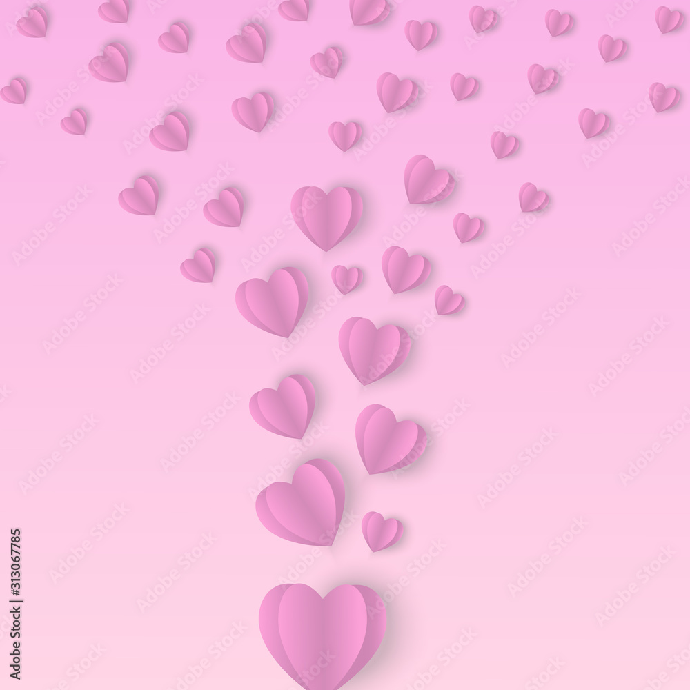 Paper flying elements on a pink background.  love symbols in heart shape for Happy Women, Mother's, Valentine's Day, birthday greeting card design