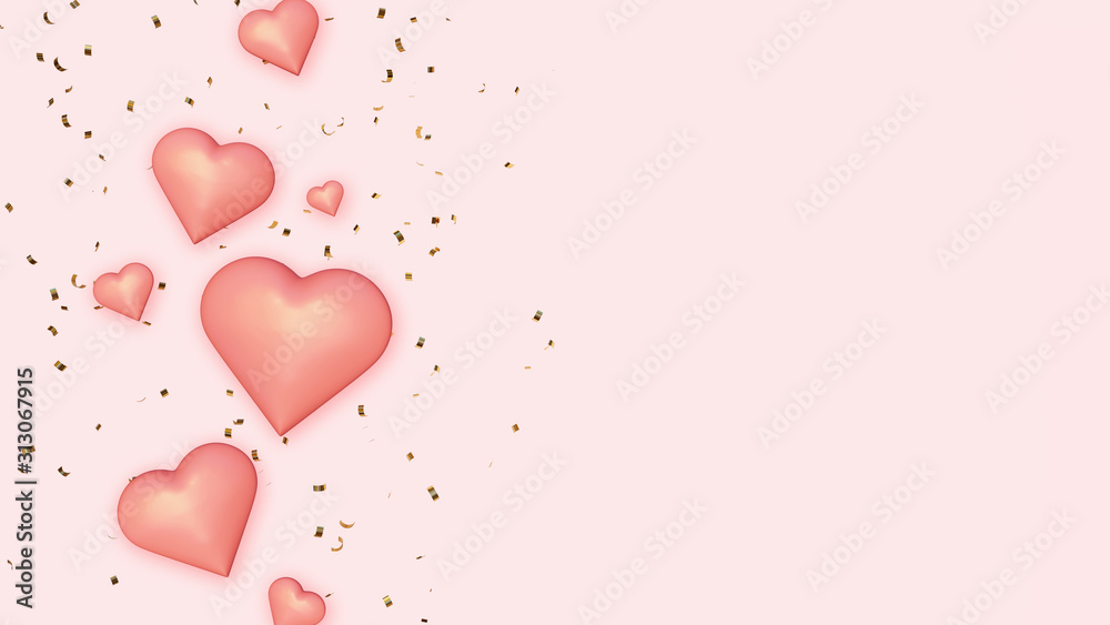 Pink Hearts on Golden Confetti Background