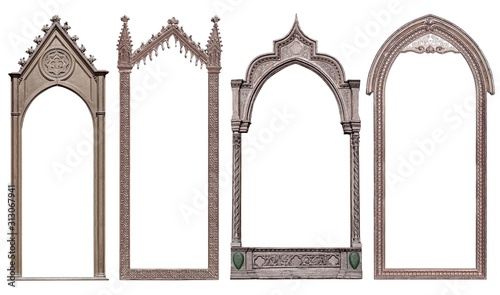 Set of panoramic silver gothic frame for paintings, mirrors or photos isolated on white background
