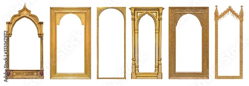Set of panoramic golden gothic frame for paintings, mirrors or photos isolated on white background