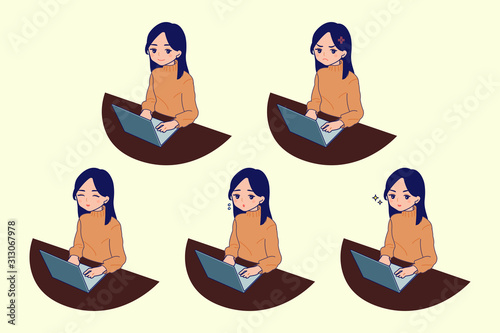 パソコンを操作する黒髪の女性のイラスト