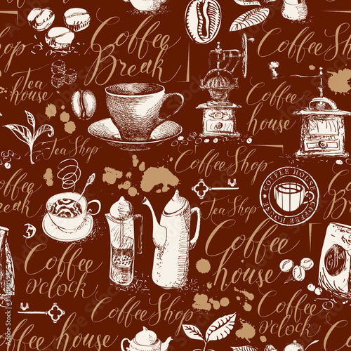 Seamless pattern on the coffee theme in retro style. Vector background with kitchen items, stains and handwritten inscriptions on brown backdrop. Suitable for wallpaper, wrapping paper or fabric © paseven