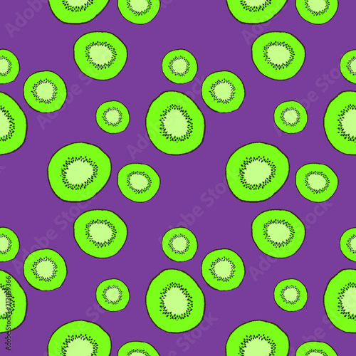 Colorful kiwi fruit bladder interrupts seamless pattern.