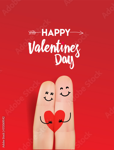 Valentine's Day 2020. A happy couple in love with painted smiley and hugging. Poster for valentines day and love day. Vector illustration. Isolated on red background.