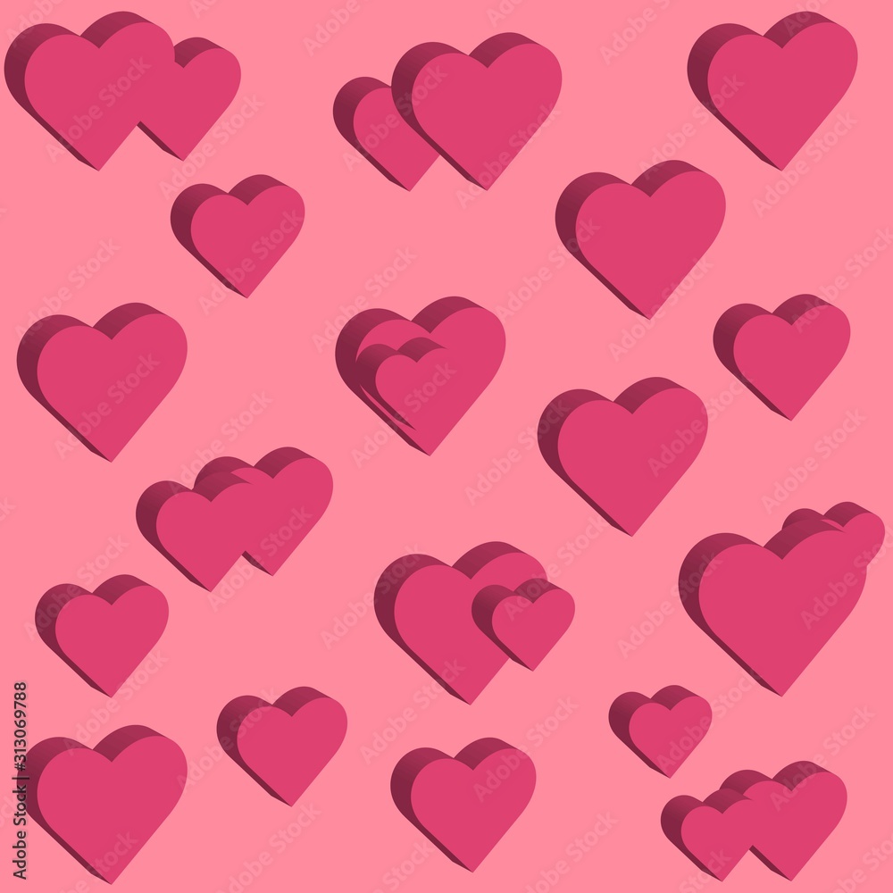 Pink 3d heart shapes on rosy background
