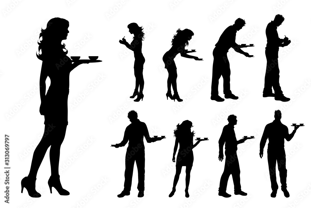 Vector silhouette of collection of waiter on white background. Symbol ...