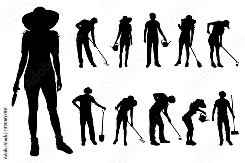 Vector silhouette of collection of gardener with different tools on white background. Symbol of girl, boy, work, people, field.