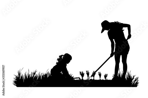 Vector silhouette of gardener works on garden. Symbol of girl, family, mother, child, tool, work, people, field, farm, care.