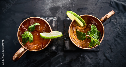 Bild auf Leinwand two moscow mules shot in flat lay composition