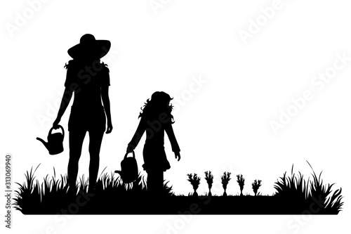 Vector silhouette of gardener works on garden. Symbol of girl, family, mother, child, tool, work, people, field, farm, care.
