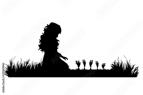 Vector silhouette of gardener works on garden. Symbol of girl, child, work, people, field, farm, care.