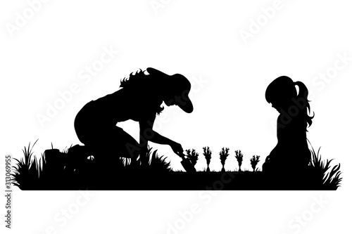 Vector silhouette of gardener works on garden. Symbol of girl, family, mother, child, tool, work, people, field, farm, care.