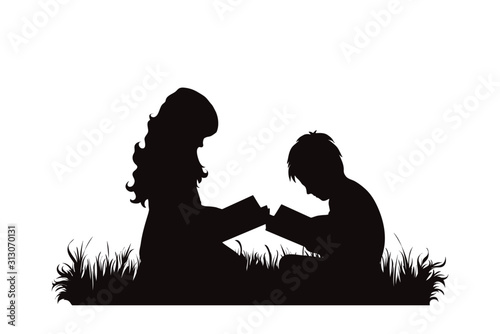 Vector silhouette of siblings sitting in the grass and reading book on white background. Symbol of girl, sister, brother, friends, family, infant, childhood, nature, park, garden.