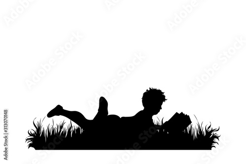 Vector silhouette of boy lying in the grass and reading book on white background. Symbol of child, infant, childhood, nature, park, garden.