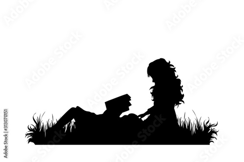 Vector silhouette of siblings sitting in the grass and reading book on white background. Symbol of girl, sister, friends, family, infant, childhood, nature, park, garden.