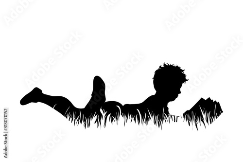 Vector silhouette of boy lying in the grass and reading book on white background. Symbol of child, infant, childhood, nature, park, garden.