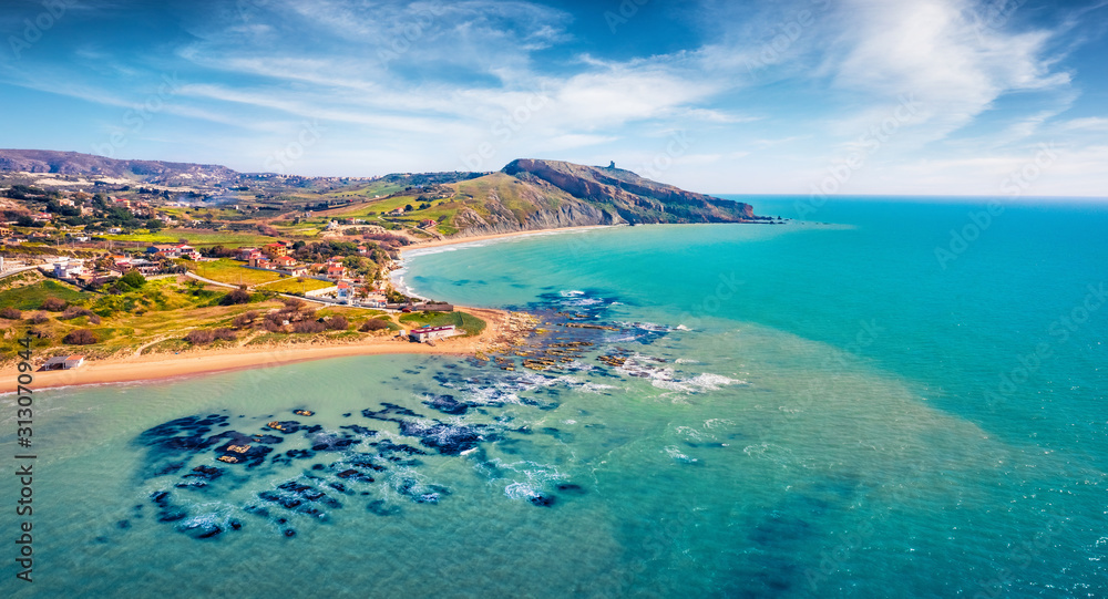 View from flying drone. Incredible morning view of Giallonardo Beach. Fantastic spring seascape of Mediterranean sea, Sicily, Italy, Europe. Traveling concept background.