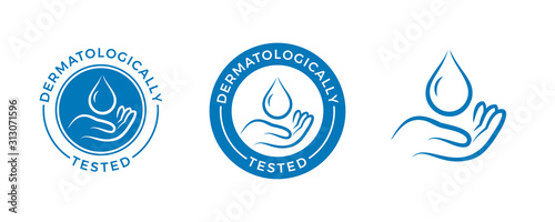 Dermatologically tested vector label with water drop and hand logo. Dermatology test, dermatologist clinically proven icon for allergy free and healthy safe product package tag