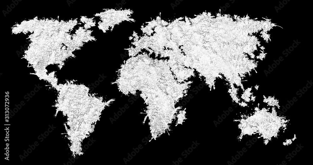 Fototapeta premium World map from the white grass. Isolated on black background.
