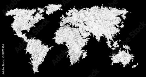 World map from the white grass. Isolated on black background.