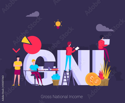 GNI, Gross National Income acronym. Concept with keywords, letters and icons. Colored flat vector illustration.