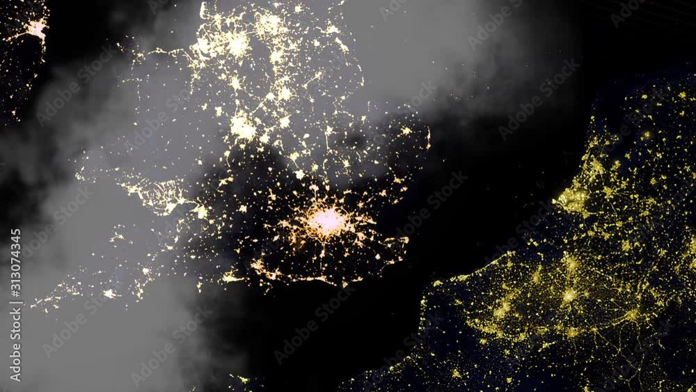Night lights satellite view of Great Britain and European union moving clouds animation. Contains public domain image by Nasa