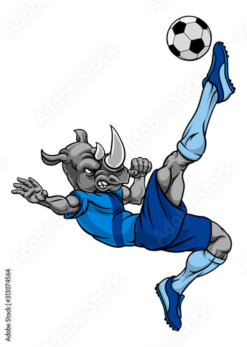 A rhino soccer football player cartoon animal sports mascot kicking the ball