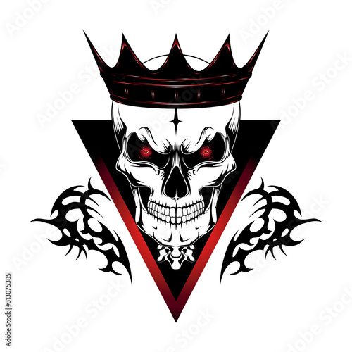 Skull in the crown with luminous eyes. Vector image on a white background.