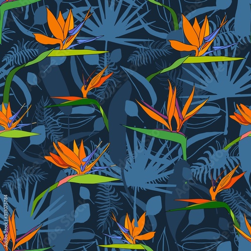 Seamless pattern with exotic flowers paradise Strelitzia and tropical leaves classic blue background. Vector tropical stock illustration.African plant flower. Design textile, wallpaper, wrapping paper